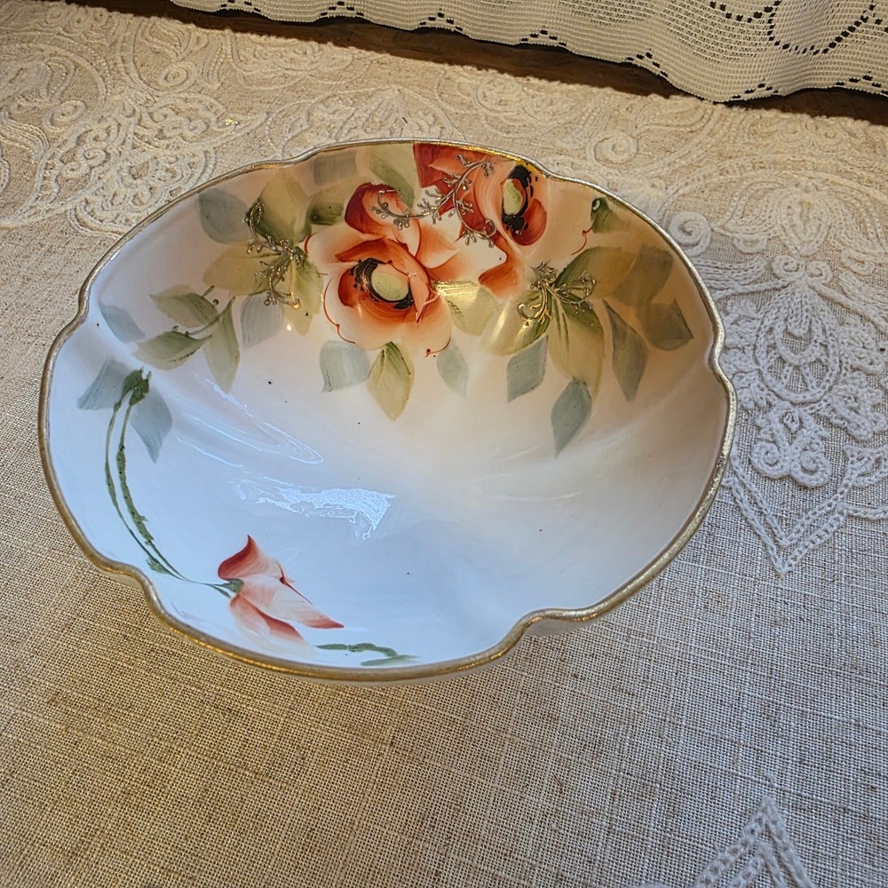 Nippon Footed Nut‎ Bowl 5" White Orange Hand Painted Floral Scalloped Gold Trim